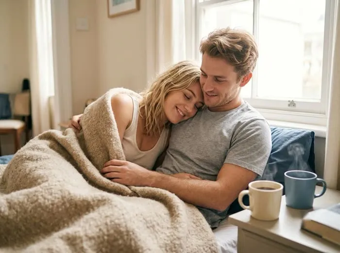 Pareja abrazada bajo una manta en la cama con luz de mañana y dos tazas de café, ternura después del encuentro