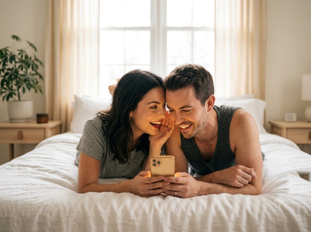 Pareja sonriente mirando juntos el celular acostados en la cama por la mañana