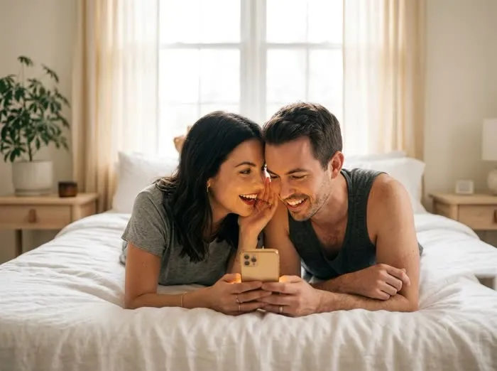 Pareja sonriente mirando juntos el celular acostados en la cama por la mañana