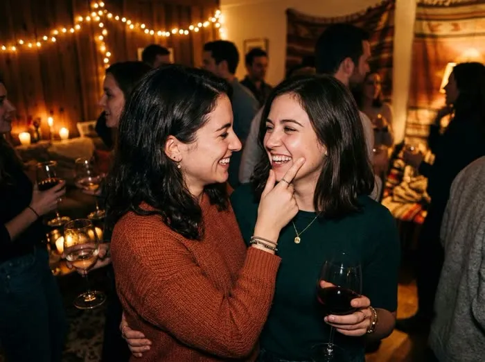 Dos mujeres compartiendo un momento tierno y cómplice en una fiesta cálida