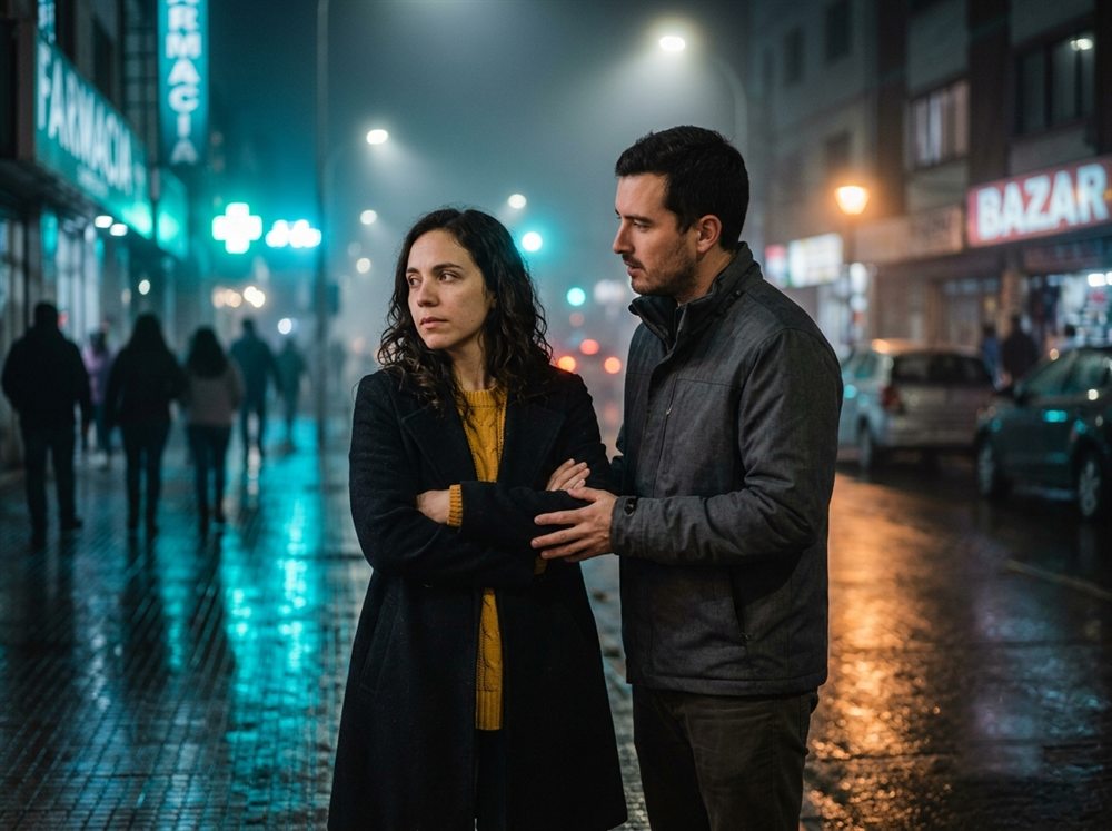 Pareja en tensión emocional en una calle nocturna bajo la lluvia