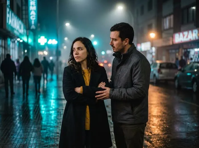 Pareja en tensión emocional en una calle nocturna bajo la lluvia