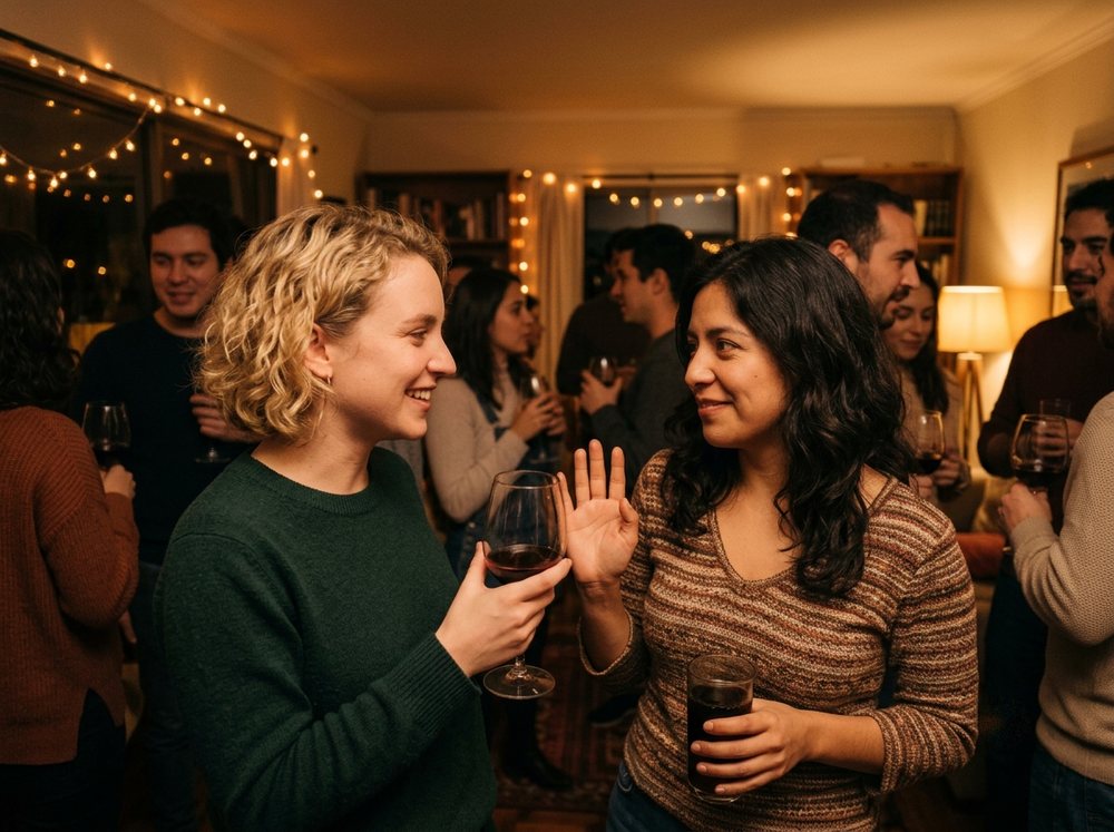 Dos mujeres en una fiesta, una rechaza con un gesto amable y sonriente, sin incomodar