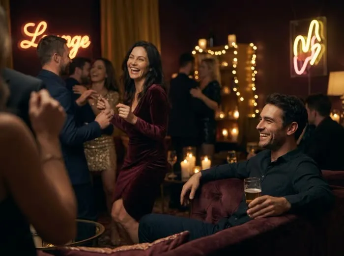 Hombre relajado en un club sonriendo feliz mientras ve a su pareja reír y bailar con otras personas