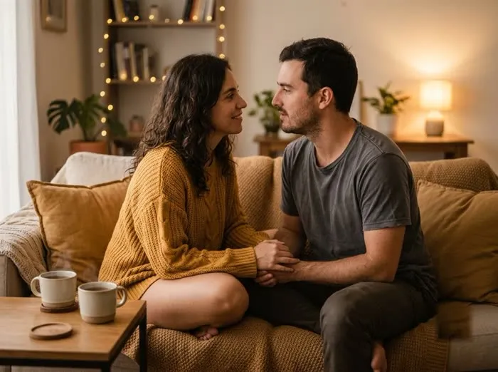 Pareja conversando tomados de la mano en el sofá de su casa