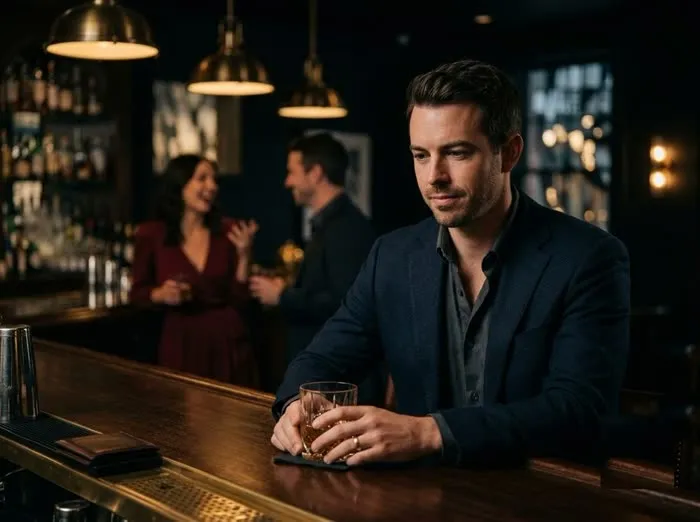 Hombre pensativo con whiskey en un bar mientras su pareja conversa con otro al fondo