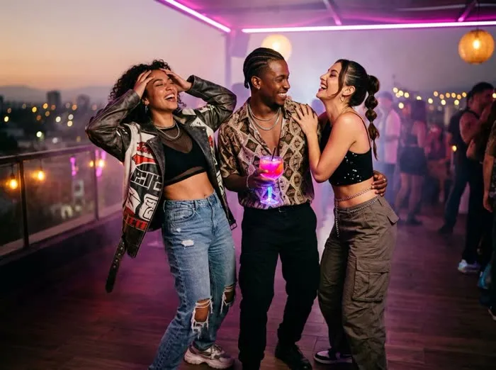 Tres jóvenes riendo juntos en una fiesta en rooftop con luces neón