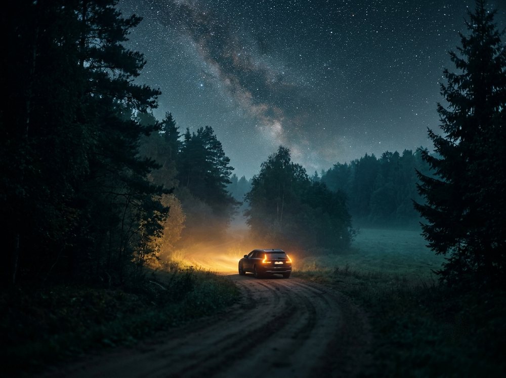 Auto solitario con las luces encendidas en un camino apartado de noche bajo un cielo estrellado