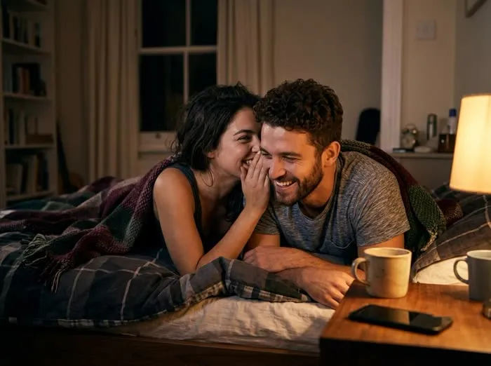 Pareja riendo cómplice en la cama de noche, ella le susurra algo al oído con una sonrisa pícara