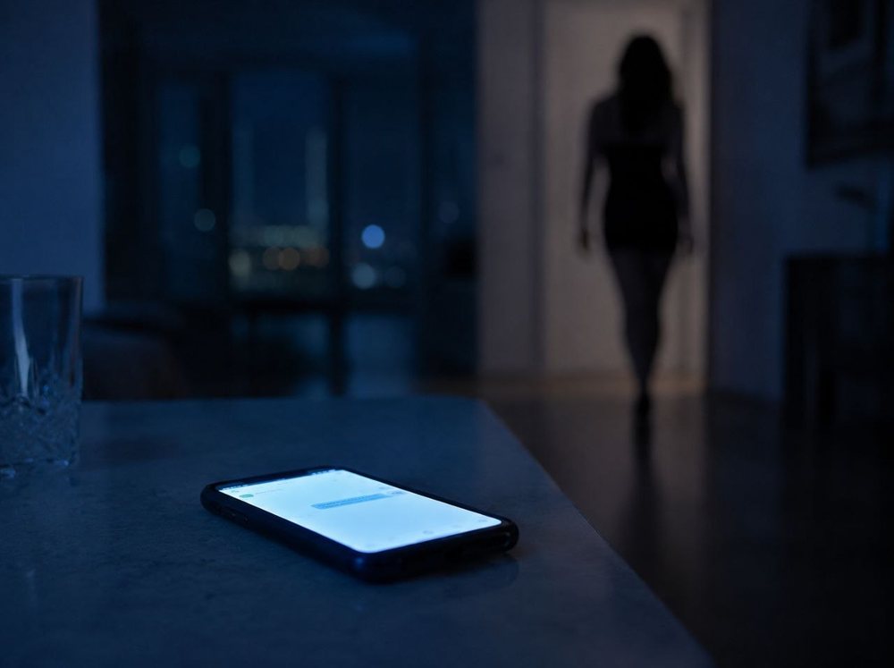 Teléfono con un chat sin responder sobre la mesa mientras una silueta se aleja al fondo