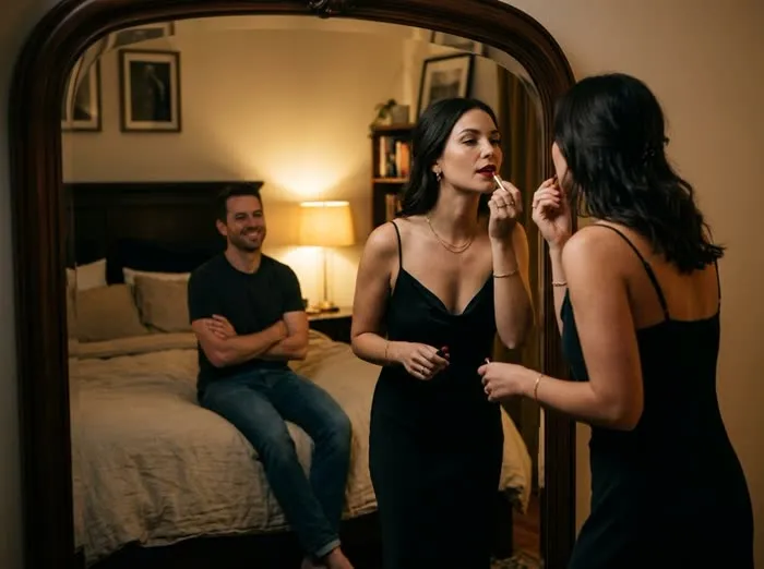 Mujer elegante maquillándose frente al espejo mientras su pareja la observa desde la cama
