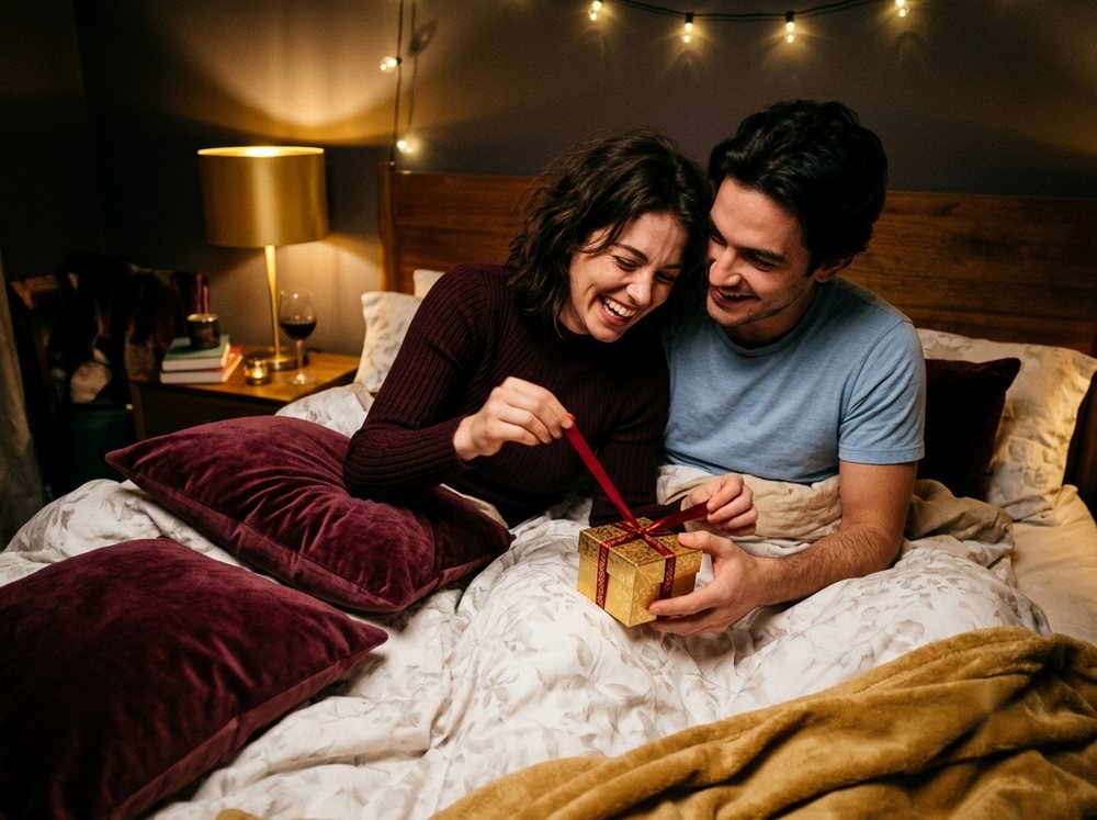 Pareja riendo en la cama abriendo juntos una cajita de regalo dorada con lazo rojo