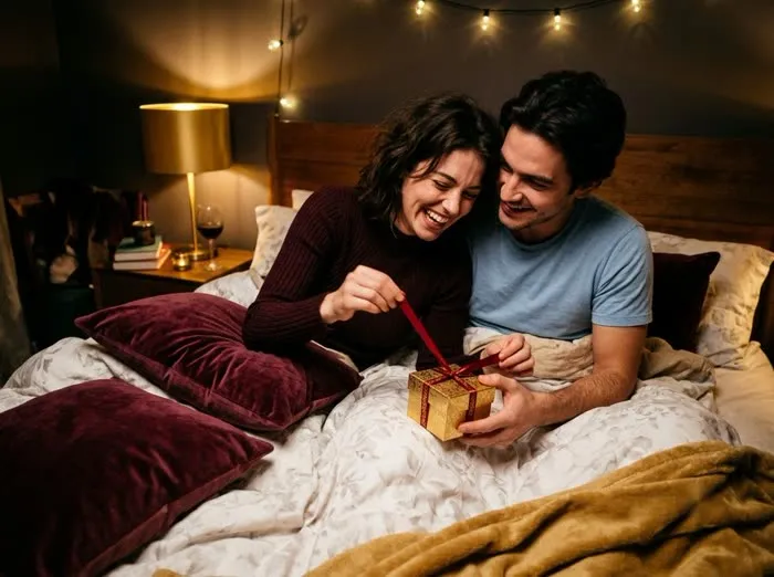 Pareja riendo en la cama abriendo juntos una cajita de regalo dorada con lazo rojo