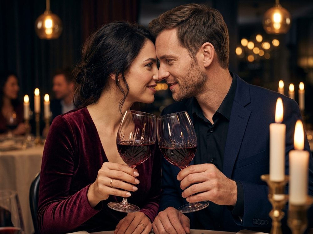 Pareja monogamish brindando con vino en una cena romántica