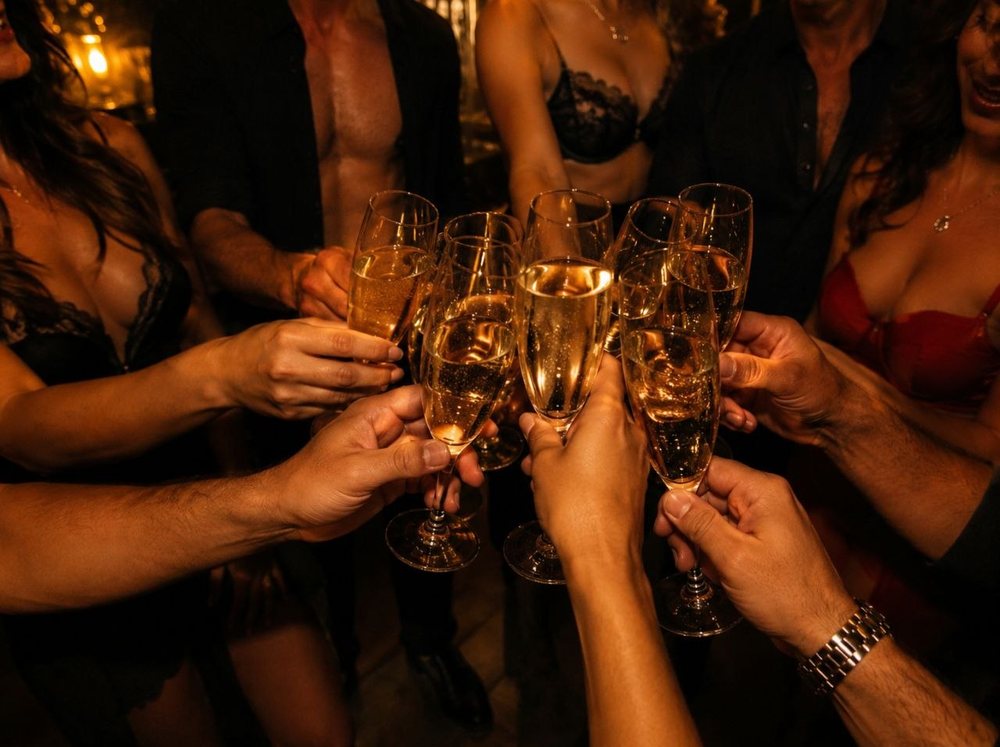 Muchas manos brindando con copas de champagne en una fiesta liberal elegante y dorada