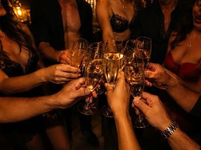 Muchas manos brindando con copas de champagne en una fiesta liberal elegante y dorada