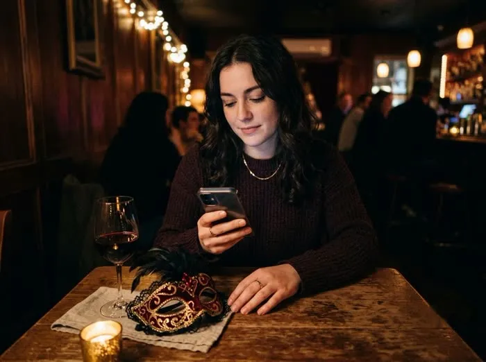 Mujer revisando su teléfono con discreción en un bar, con una máscara de antifaz sobre la mesa