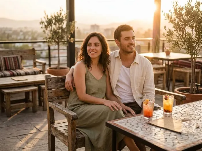 Pareja relajada en terraza al atardecer con cocktails