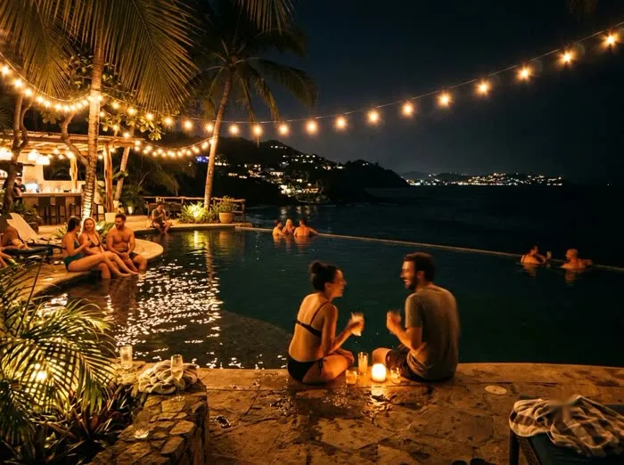 Pareja disfrutando una piscina infinita de noche con luces cálidas, ambiente de resort liberal