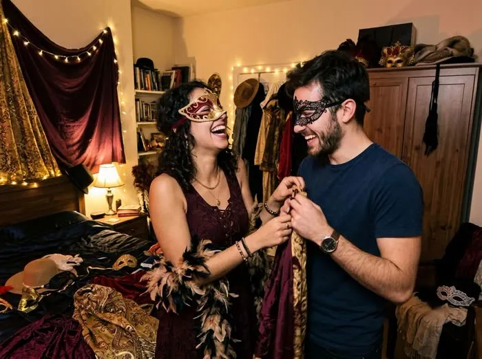 Pareja riendo jugando a disfrazarse con máscaras de antifaz en el dormitorio