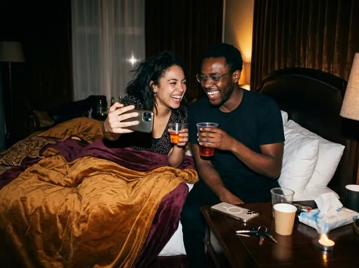 Pareja riendo y tomándose una selfie en la cama con vasos rojos en una noche de carrete