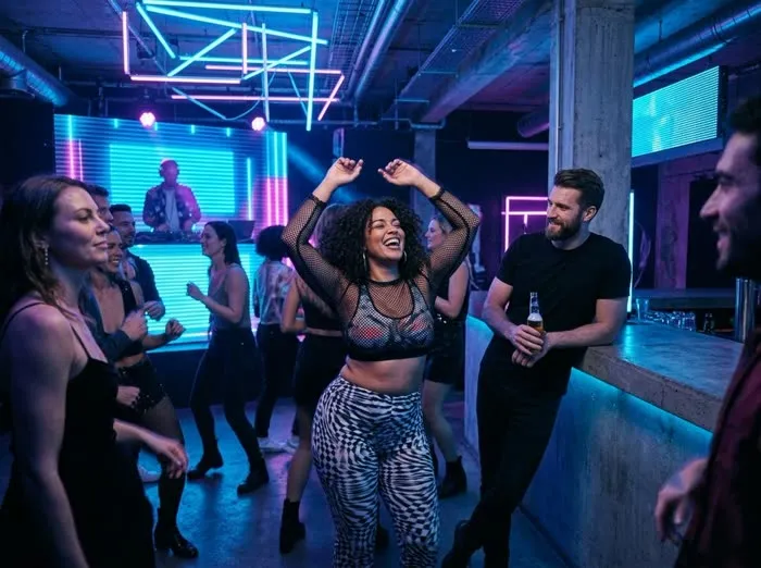 Mujer segura bailando y disfrutando en un club underground mientras su pareja la observa con orgullo desde la barra