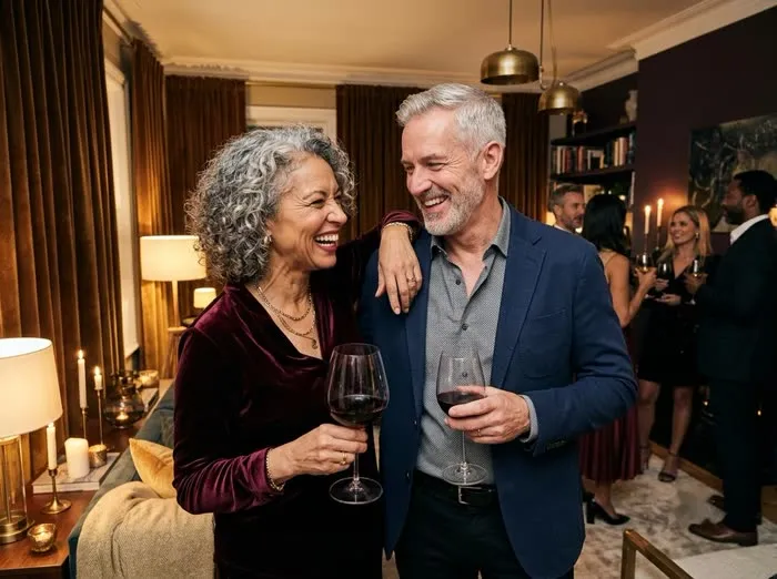 Pareja madura elegante riendo con copas de vino en una fiesta sofisticada en casa