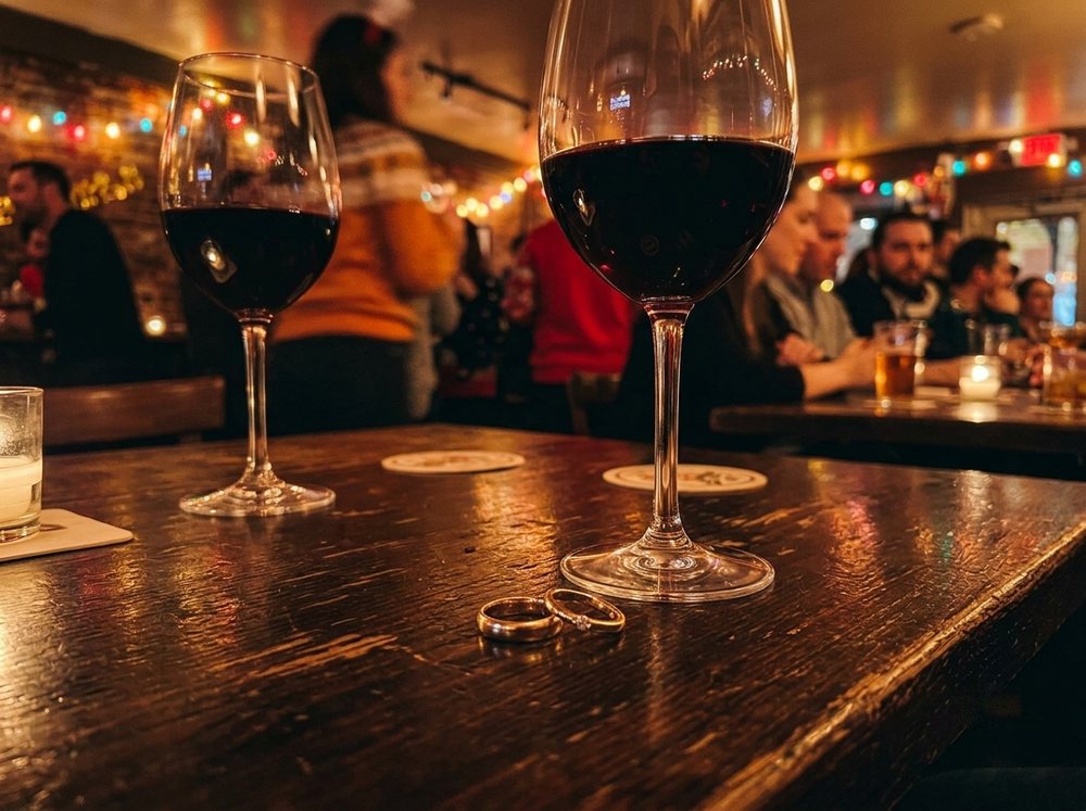 Dos anillos de matrimonio junto a copas de vino sobre una mesa de madera oscura, simbólico
