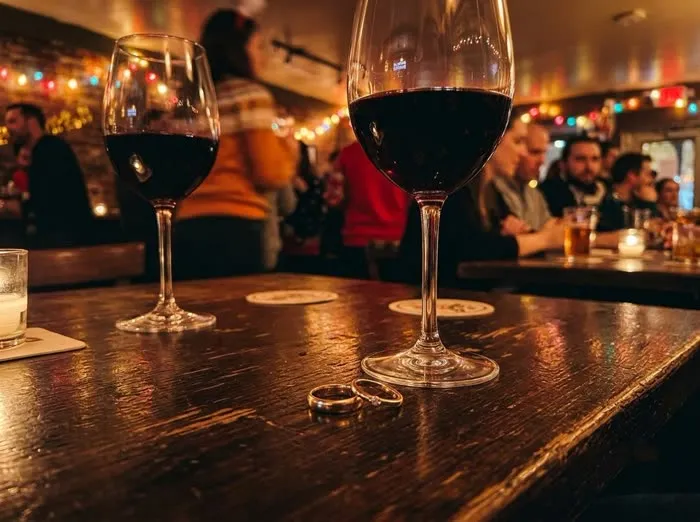 Dos anillos de matrimonio junto a copas de vino sobre una mesa de madera oscura, simbólico