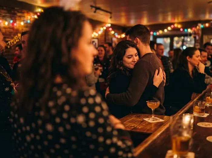 Persona observando en primer plano desenfocado a una pareja abrazándose en un bar, mirada compleja