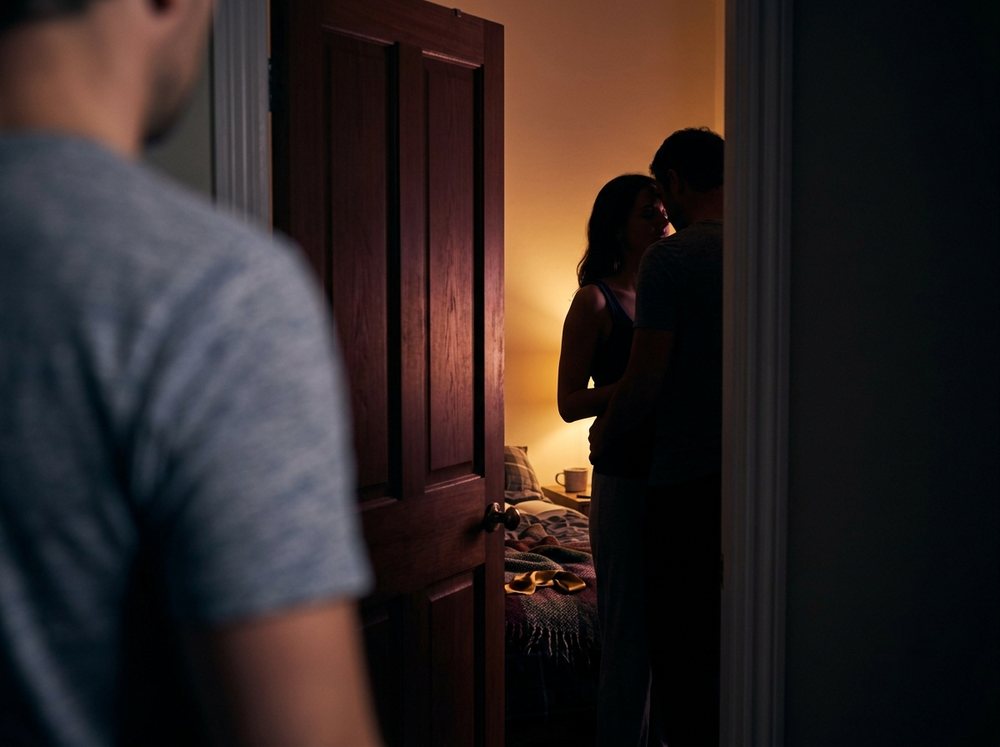 Silueta de una pareja vista a través de una puerta entreabierta con luz cálida, otra persona observando desde afuera
