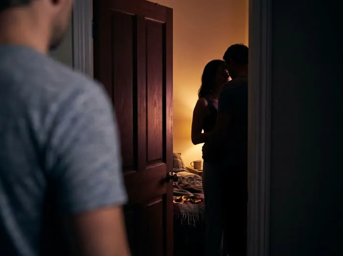 Silueta de una pareja vista a través de una puerta entreabierta con luz cálida, otra persona observando desde afuera